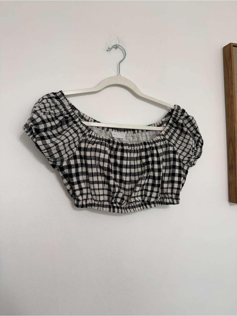 Corey Lynn Calter Black & White Gingham Off-Shoulder Crop Top